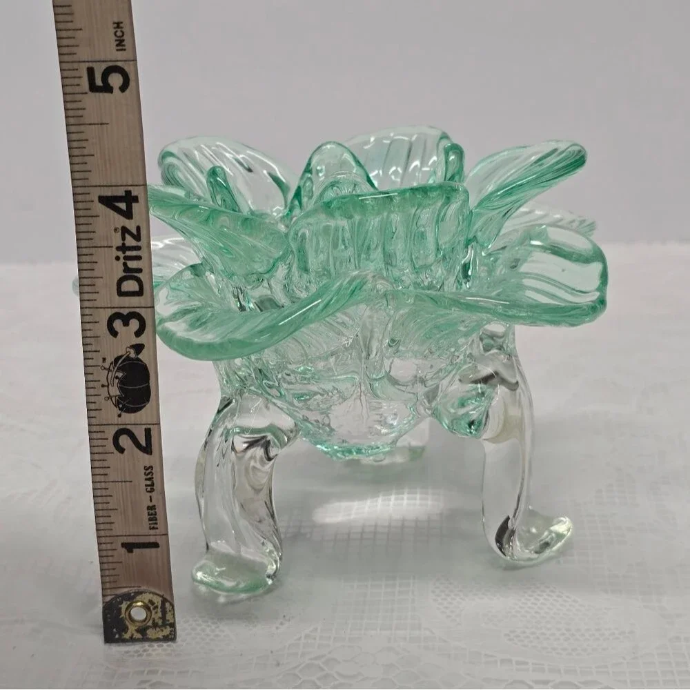 Vintage Teal Recycled Glass Footed Lotus Flower Candle Holder Art Deco Boho